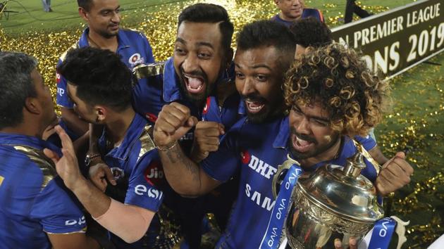 Mumbai Indians' Lasith Malinga, right, and teammates celebrate with the trophy after their win over Chennai Super Kings in the final cricket match of VIVO IPL T20 in Hyderabad, India, early Monday, May 13, 2019 (AP) Mumbai Indians' Lasith Malinga, right, and teammates celebrate with the trophy after their win over Chennai Super Kings in the final cricket match of VIVO IPL T20 in Hyderabad, India, early Monday, May 13, 2019 (AP)