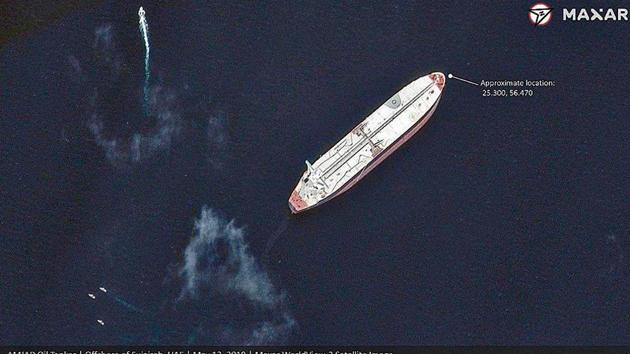 Satellite photo by Maxar Technologies shows a Saudi-flagged oil tanker off the coast of Fujairah, UAE. (Credit:AP) Satellite photo by Maxar Technologies shows a Saudi-flagged oil tanker off the coast of Fujairah, UAE. (Credit:AP)