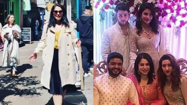 Ishita Kumar in London(left) and during her roka ceremony with Priyanka Chopra’s brother Siddharth Chopra.(Instagram)