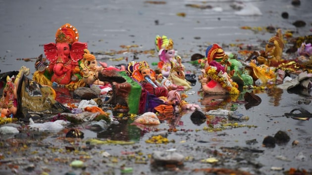 Senior officials of the state environment department said that the plan would help regulate the use of materials such as Plaster of Paris, chemicals and synthetic paints used in making idols.(HT Photo)