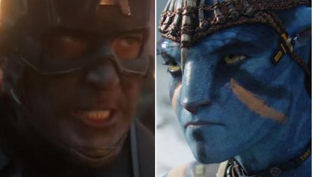 Chris Evans as Captain America in a still from Avengers Endgame, and Sam Worthington as Jake Sully in Avatar.