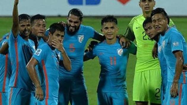 Indian football team captain Sunil Chhetri (C) and teammates celebrate their team's 4-1 victory during the 2019 AFC?Asian Cup qualifying match between India and Macau held at the Kanteerava Stadium in Bangalore on October 11, 2017. / AFP PHOTO / Manjunath KIRAN (Photo credit should read MANJUNATH KIRAN/AFP/Getty Images)(AFP/Getty Images)