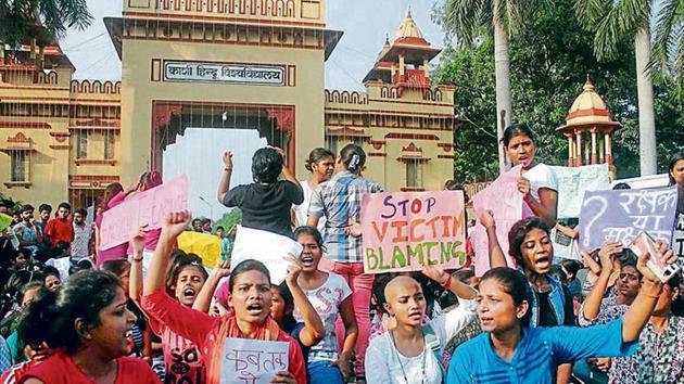 Women students of Banaras Hindu University (BHU) at a protest on the university’s campus in September 2017.(PTI file)