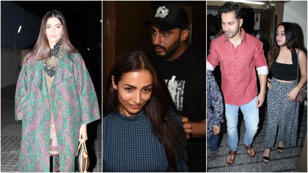 Sonam Kapoor, Malaika Arora, Arjun Kapoor, Varun Dhawan and Natasha Dalal at India’s Most Wanted screening in Mumbai.(Varinder Chawla)