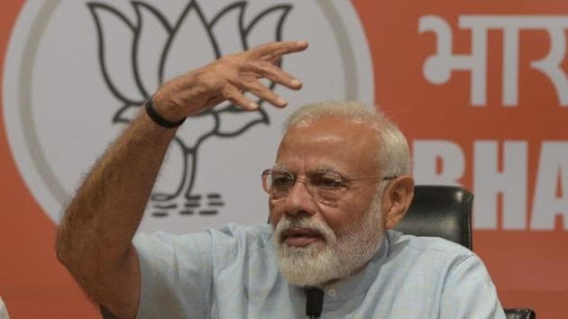 Prime minister Narendra Modi Shah address press conference at party head quarter in New Delhi India on Friday 17 April 2019. (Photo by Mohd Zakir/HT)