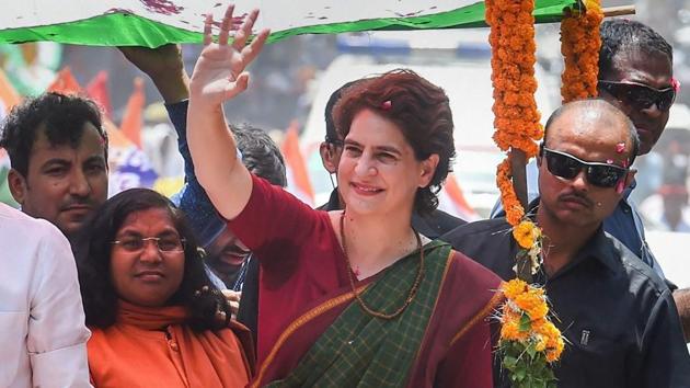 Mirzapur: Congress General Secratary Priyanka Gandhi Vadra during an election roadshow in support of party's Mirzapur seat candidate Lalitesh Tripathi ahead of the seventh and final phase of Lok Sabha polls, in Mirzapur.(PTI)
