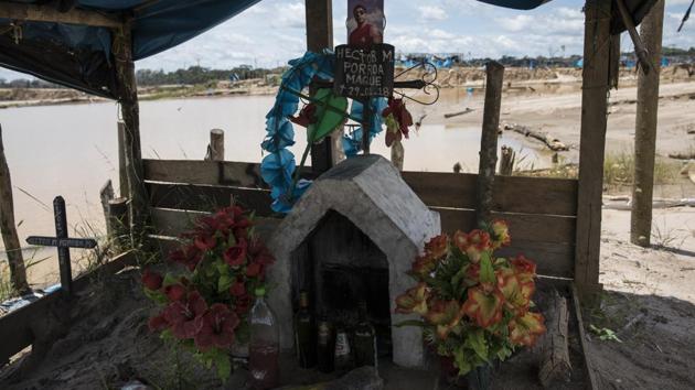 A memorial adorned with artificial flowers is seen inside a former illegal gold mining camp. “The damage to nature here is so terrible that all the water is poisoned,” said Maj. Gustavo Cerdeña, head of a police unit. Cerdeña said he had come to the area before the law enforcement operation began in February, posing as a gold buyer in order to gather intelligence on the criminal syndicate dominating the illegal trade. (Rodrigo Abd / AP) A memorial adorned with artificial flowers is seen inside a former illegal gold mining camp. “The damage to nature here is so terrible that all the water is poisoned,” said Maj. Gustavo Cerdeña, head of a police unit. Cerdeña said he had come to the area before the law enforcement operation began in February, posing as a gold buyer in order to gather intelligence on the criminal syndicate dominating the illegal trade. (Rodrigo Abd / AP)