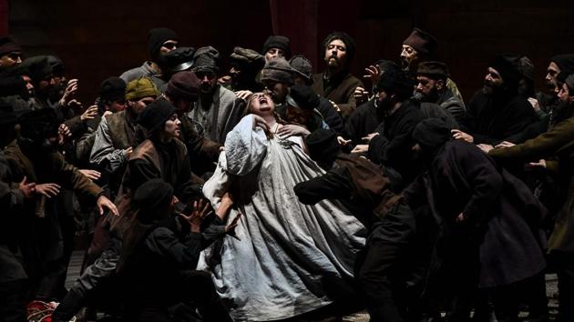 Actors perform during a general rehearsal of 'Lady Macbeth of Mtsensk', an opera by Russian composer Dmitri Shostakovich and directed by French actress and director Fanny Ardant, at the Greek National Opera in Athens. (Aris Messinis / AFP) Actors perform during a general rehearsal of 'Lady Macbeth of Mtsensk', an opera by Russian composer Dmitri Shostakovich and directed by French actress and director Fanny Ardant, at the Greek National Opera in Athens. (Aris Messinis / AFP)