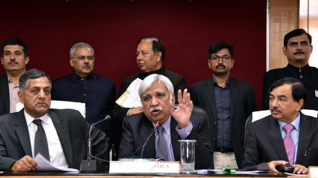 File photo of Chief Election Commissioner (C) Sunil Arora with Election Commissioners Ashok Lavasa (L) and Sushil Chandra (R) addressing a press conference (Ritu Singh/HT photo)