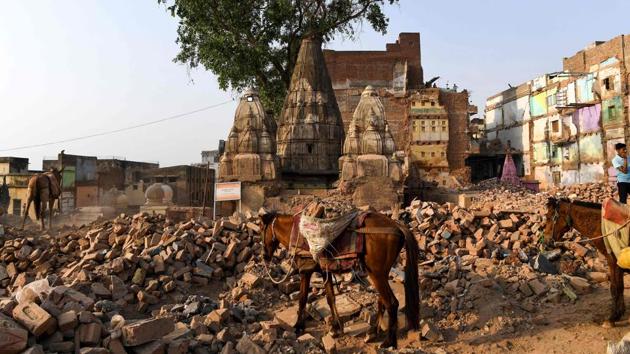 Old buildings demolished to build the Kashi Vishwanath Corridor, a building project to connect the main temple to the ghats, in Varanasi, Uttar Pradesh. (Prakash Singh / AFP) Old buildings demolished to build the Kashi Vishwanath Corridor, a building project to connect the main temple to the ghats, in Varanasi, Uttar Pradesh. (Prakash Singh / AFP)
