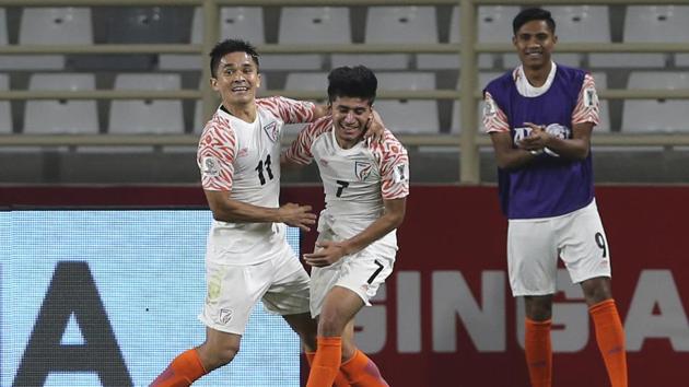 India's forward Sunil Chhetri, left, and India's midfielder Anirudh Thapa, right, celebrate their third goal.(AP)
