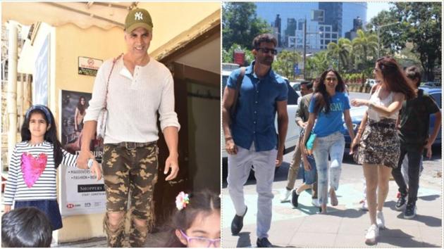 Akshay Kumar with his daughter Nitara and Hrithik Roshan out for lunch with Sussanne Khan and friends.(Varinder Chawla)