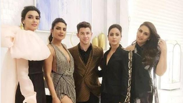 Diana Penty, Priyanka Chopra, Nick Jonas, Hina Khan and Huma Qureshi at the Vanity Fair party in Cannes.