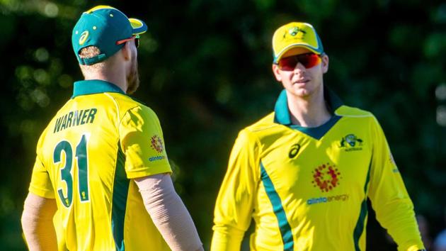 Australia's Steve Smith (R) and Australia's David Warner speak during the second of three warm-up cricket matches. (AFP) Australia's Steve Smith (R) and Australia's David Warner speak during the second of three warm-up cricket matches. (AFP)