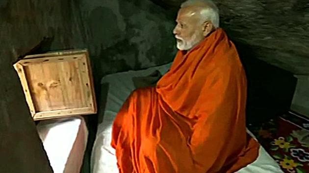 Prime Minister Narendra Modi meditates at a cave near Kadarnath Shrine during his visits at Kedarnath Temple on Saturday.(ANI photo)