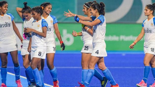 Indian women's hockey team celebrates after defeating China in the semifinal match at the 18th Asian Games 2018.(PTI)