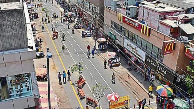 A view of Ajmal Khan Road that is open only for pedestrians, at Karol Bagh, in New Delhi(HTPhotos)