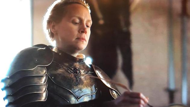 Gwendoline Christie as Brienne of Tarth in the final episode of Game of Thrones.