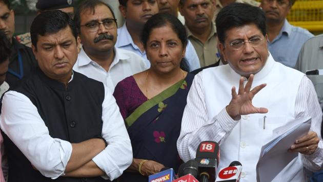 A BJP delegation comprising Union Minister Piyush Goyal, Nirmala Sitharaman, Anil Baluni and others met Election Commission officials regarding violence during the Lok Sabha polls, at Nirvachan Sadan in New Delhi. “We reiterated our demand for re-poll for constituencies where violence occurred in the seventh phase and earlier phases, particularly in West Bengal,” Goyal said. (Sonu Mehta / HT Photo)