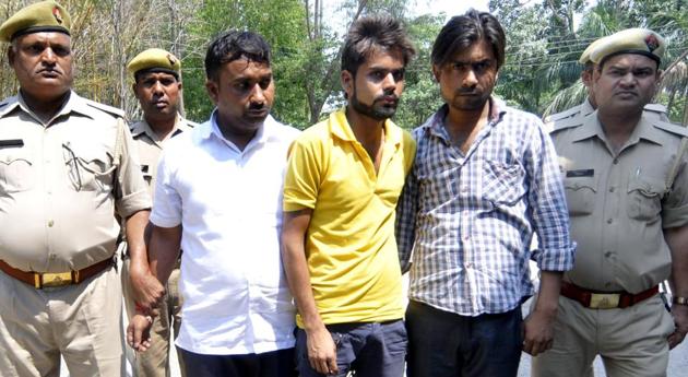 Three of the accused in the custody of Noida police, in Noida, on Sunday, May 19, 2019. (Sunil Ghosh / HT Photo) Three of the accused in the custody of Noida police, in Noida, on Sunday, May 19, 2019. (Sunil Ghosh / HT Photo)