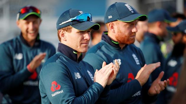 England's Eoin Morgan and Jonny Bairstow as they celebrate winning the match against Pakistan.(Action Images via Reuters) England's Eoin Morgan and Jonny Bairstow as they celebrate winning the match against Pakistan.(Action Images via Reuters)