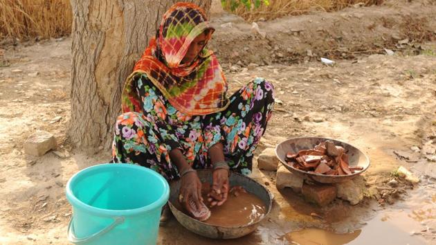 A woman washes the pieces of pottery found during an excavation. Shubham Malik, the technical assistant at the site, explains that the pottery or the cultural material that is retrieved is washed and brought into the pottery ward where it is labelled. Labelling is a crucial part of the documentation process. (Parveen Kumar / HT Photo) A woman washes the pieces of pottery found during an excavation. Shubham Malik, the technical assistant at the site, explains that the pottery or the cultural material that is retrieved is washed and brought into the pottery ward where it is labelled. Labelling is a crucial part of the documentation process. (Parveen Kumar / HT Photo)