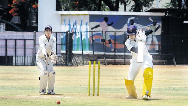 Tejal Hasabnis of Azam Sports Academy in action during the all India Abeda Inamdar invitational women's cricket tournament at Azam Campus ground on Sunday.(Shankar Narayan/HT PHOTO)