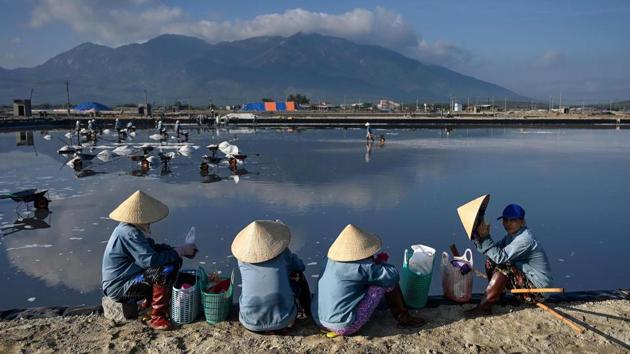 Workers take a break from harvesting salt in Hon Khoi salt fields. Vietnamese authorities vowed to reform the sector in 2014, rolling out a 15-year plan to modernise the industry in a bid to help struggling farmers like Anh. The blueprint called for production to triple by 2030, promised new technology, and called on local officials to support farmers hit by fluctuating weather patterns. (Manan Vatsyayana / AFP) Workers take a break from harvesting salt in Hon Khoi salt fields. Vietnamese authorities vowed to reform the sector in 2014, rolling out a 15-year plan to modernise the industry in a bid to help struggling farmers like Anh. The blueprint called for production to triple by 2030, promised new technology, and called on local officials to support farmers hit by fluctuating weather patterns. (Manan Vatsyayana / AFP)
