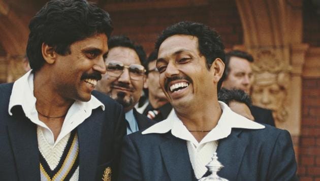 India players Kapil Dev (l) and Man of the Match Mohinder Armanath pictured after the 1983 Prudential World Cup Final victory against West Indies at Lords on June 23, 1983 in London, England(Getty Images)