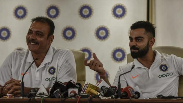Indian cricket team captain Virat Kohli and coach Ravi Shastri addressed a press conference before Team India boards the flight to England for the World Cup. “There is no room for complacency, we have to be at our best every day,” said Kohli. (Kunal Patil / HT Photo) Indian cricket team captain Virat Kohli and coach Ravi Shastri addressed a press conference before Team India boards the flight to England for the World Cup. “There is no room for complacency, we have to be at our best every day,” said Kohli. (Kunal Patil / HT Photo)