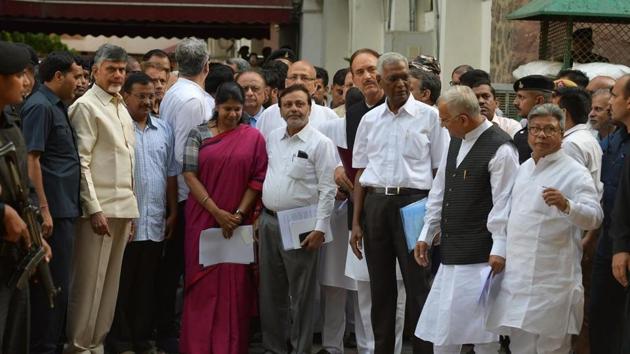 Leaders of 22 opposition parties met the Election Commission officials over reports of controversy over alleged tampering of voting machines. (Raj K Raj / HT Photo) Leaders of 22 opposition parties met the Election Commission officials over reports of controversy over alleged tampering of voting machines. (Raj K Raj / HT Photo)