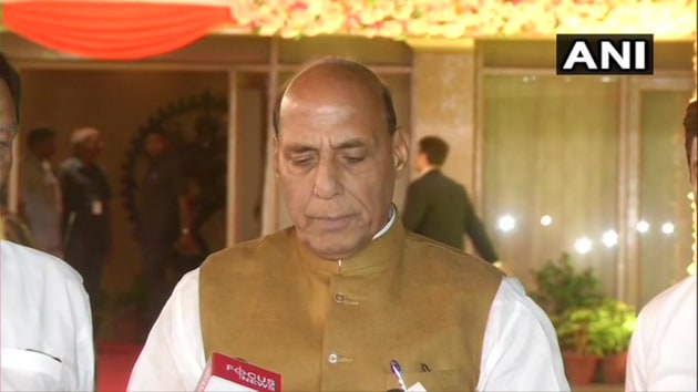 Union Home Minister Rajnath Singh addressing the media after a dinner meeting of NDA allies in New Delhi on Tuesday.(ANI)