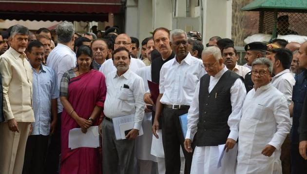 Opposition leaders after meeting the Election Commission on Tuesday.(Raj K Raj/HT photo)