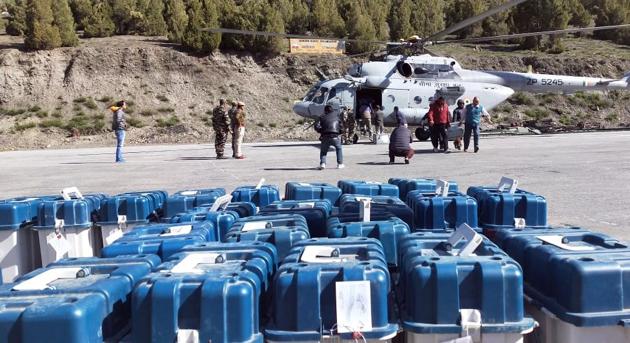 EVMs and VVPATs brought to Lahaul and Spiti district headquarters on a Border Security Force (BSF) helicopter from Tashigang, world's highest polling station on Monday, May 20, 2019.(ANI)