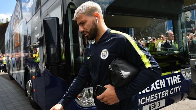 Manchester City's Argentinian striker Sergio Aguero arrives for the English Premier League football match.(AFP)