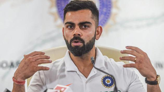 Indian cricket team captain Virat Kohli speaks during a press conference at the Board of Control for Cricket in India (BCCI) head office in Mumbai on May 21, 2019, ahead of the team’s departure for England to play in the 2019 ICC Cricket World Cup.(PTI)