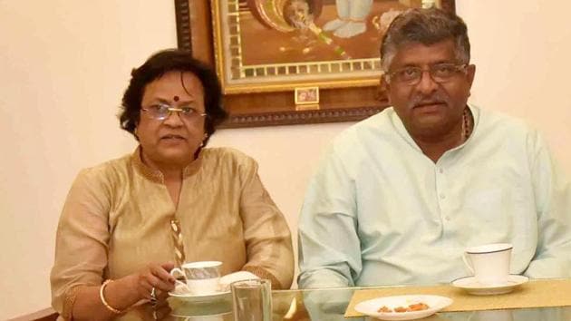 Union Minister and BJP candidate from Patna Sahib Lok Sabha seat, Ravishankar Prasad, with his wife at his residence in Patna, Bihar, on Monday May 20,2019.(Santosh Kumar / HT Photo)