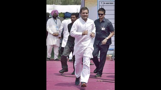 Elections in Punjab were held on May 19, capping the polls. Ahead of the last phase, Congress President Rahul Gandhi was caught rushing to address the media during an election campaign at Khanna in Punjab. (Gurpreet Singh / HT Photo) Elections in Punjab were held on May 19, capping the polls. Ahead of the last phase, Congress President Rahul Gandhi was caught rushing to address the media during an election campaign at Khanna in Punjab. (Gurpreet Singh / HT Photo)