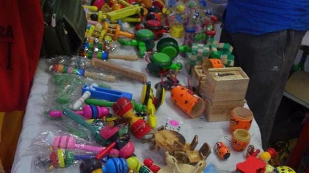 Toys made by Virendra Lodhi on display at Hindustani Academy, Prayagraj. (HT Photo) Toys made by Virendra Lodhi on display at Hindustani Academy, Prayagraj. (HT Photo)