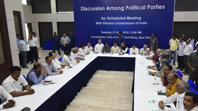 The Election Commission has rejected a demand from 22 political parties to match paper slips from the Voter Verifiable Paper Audit Trail (VVPAT) with the Electronic Voting Machine (EVM) before the counting begins so that in cases of discrepancy, all votes in a particular assembly segment can be cross-checked. (Vipin Kumar / HT File) The Election Commission has rejected a demand from 22 political parties to match paper slips from the Voter Verifiable Paper Audit Trail (VVPAT) with the Electronic Voting Machine (EVM) before the counting begins so that in cases of discrepancy, all votes in a particular assembly segment can be cross-checked. (Vipin Kumar / HT File)