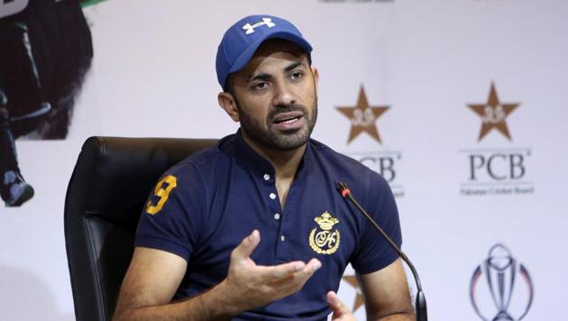 Pakistan's fast bowler Wahab Riaz addresses a news conference in Lahore (AP)