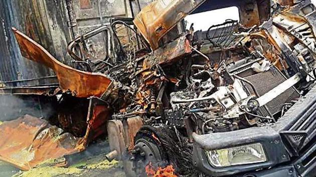 A 37-year-old truck driver was charred to death in the early hours of Wednesday, following a collision between two trucks that led to a fire, at Asodha in Bahadurgarh on the Kundli-Manesar-Palwal (KMP) Expressway, the police said.