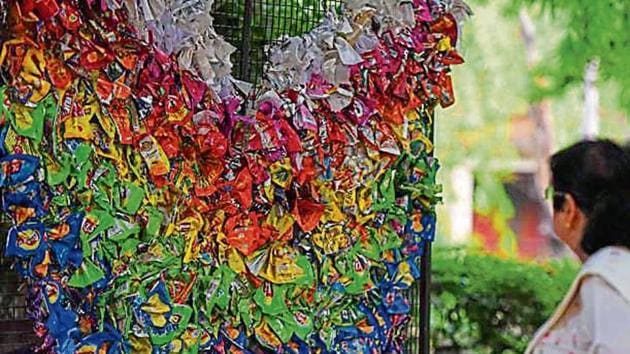 NIFT students used littered plastic items to create two angel wings at the Deer Park in Hauz Khas.(Amal KS/Ht photo)