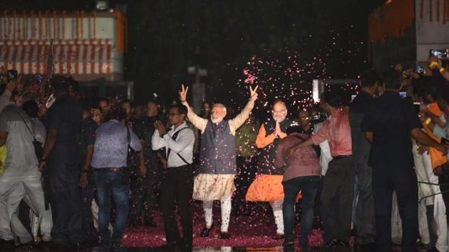 Prime Minister Narendra Modi arrives at the BJP office in New Delhi on May 23, 2019. (Arvind Yadav /HT Photo)