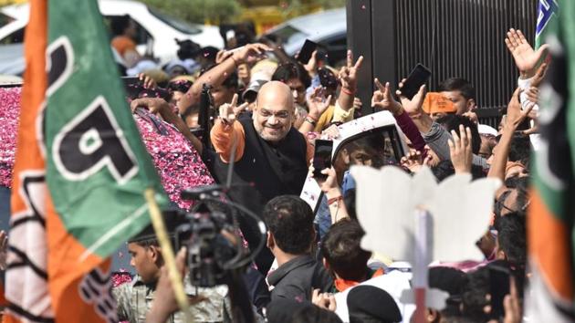 With the party headed for a massive win, BJP national chief Amit Shah received a grand welcome at the BJP headquarters in Delhi. Shah hailed the BJP’s showing in the Lok Sabha polls as “victory of India” and said it is people’s mandate against the Opposition’s propaganda and personal attacks as well as their total rejection of politics of dynasty, appeasement and casteism. (Sanchit Khanna / HT Photo) With the party headed for a massive win, BJP national chief Amit Shah received a grand welcome at the BJP headquarters in Delhi. Shah hailed the BJP’s showing in the Lok Sabha polls as “victory of India” and said it is people’s mandate against the Opposition’s propaganda and personal attacks as well as their total rejection of politics of dynasty, appeasement and casteism. (Sanchit Khanna / HT Photo)