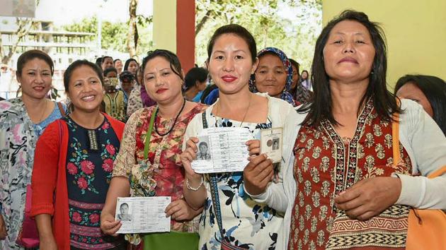 Women queue up to cast their votes at a polling station, during the 1st Phase of Lok Sabha elections 2019, in Itanagar, Arunachal Pradesh, Thursday, April 11, 2019. Counting of votes for the parliamentary and four assembly elections is taking place on May 23.(PTI)