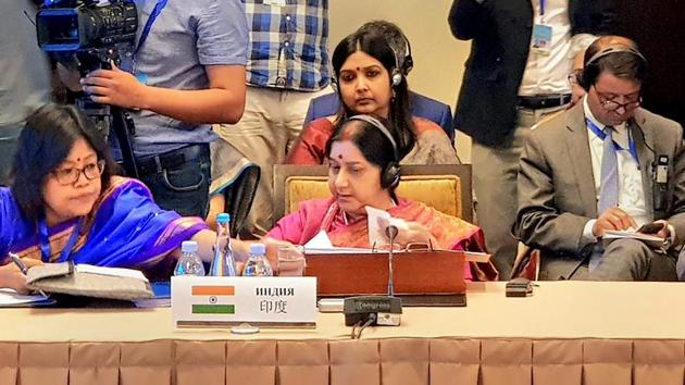Bishkek: External Affairs Minister Sushma Swaraj delivers her statement at Shanghai Cooperation Organisation (SCO) Council of Foreign Ministers in Bishkek, Kyrgyzstan, Wednesday, May 22, 2019.(PTI) Bishkek: External Affairs Minister Sushma Swaraj delivers her statement at Shanghai Cooperation Organisation (SCO) Council of Foreign Ministers in Bishkek, Kyrgyzstan, Wednesday, May 22, 2019.(PTI)