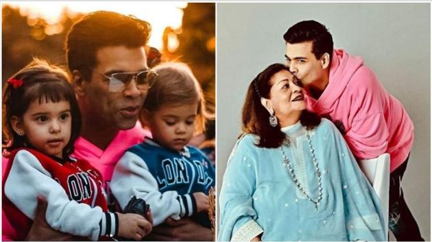 Karan Johar with his twins Roohi and Yash and mother Hiroo.