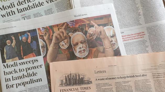 The Financial Times used a photo of PM Modi and BJP president Amit Shah on the front page with the words ‘Winning hand: Modi landslide clears way for BJP’s New India reform drive’.(HT PHOTO)