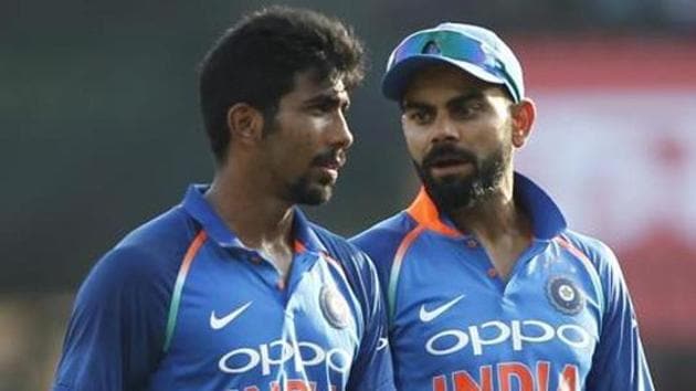 Virat Kohli captain of India talks with Jasprit Bumrah of India during the 3rd One Day International between India and Australia held at the Holkar Stadium in Indore on the 24th September 2017(BCCI)